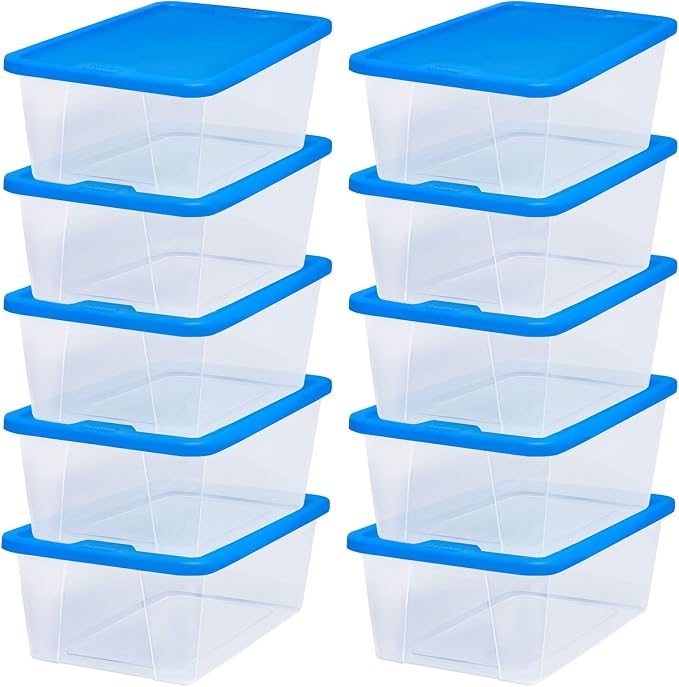 HOMZ 10-Pack Snaplock, Small Clear Plastic Storage Organizer Bins w/Lids, 6 Quart, Blue - Stackable Container Boxes for Bedroom, Bathroom, Garage, and Office Organization