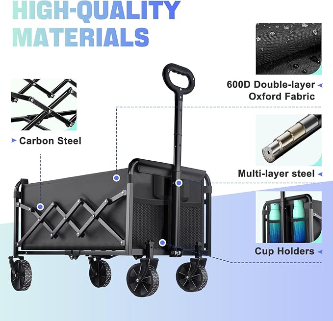 360LBS Collapsible Wagon Cart with Wheels - Heavy Duty Folding Wagon Carts for Grocery, Lightweight Utility Wagon with All-Terrain Wheels & 2 Cup Holders, Portable Beach Wagon for Shopping Garden