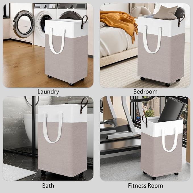 HomeHacks 90L Rolling Laundry Basket with 4 Wheels Collapsible Khaki | 4 Wheels, Waterproof PEVA Lining, Cotton Flax Fabric, Metal Frame, Bathroom Laundry Room Dorm Storage, Space-Saving Design