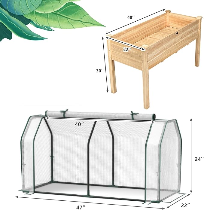 S AFSTAR Raised Garden Bed with Greenhouse Cover, Elevated Wooden Planter Box, 47”L x 24”W x 30”H, Outdoor Gardening Planting Bed for Vegetables Flowers & Herbs Grow Backyard Patio Lawn