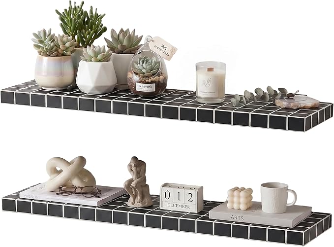 ZttRiee Large Floating Shelves, Set of 2, Modern, Black with White Lines