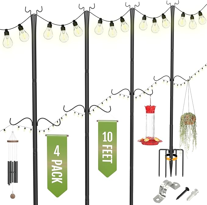 Birdream 4 Pack 10FT String Light Poles for Outside with Shepherd's Hook, Metal Pole for Wedding Party Garden Backyard Patio Decor Decoractions