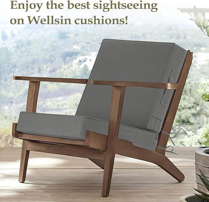 Wellsin Outdoor Deep Seat Patio Cushions, 22 x 22 Waterproof & 3-Year Fade Resistant Outdoor Cushions with Removable Covers,Ties and Handle for Chair, Sofa, Couch, Dark Grey