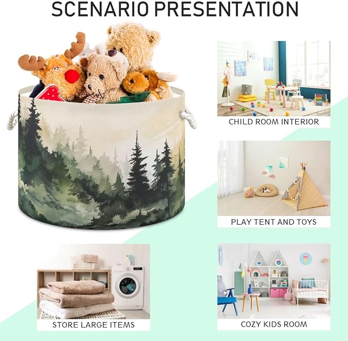 Green Forest Print Round Storage Basket Collapsible with Handle