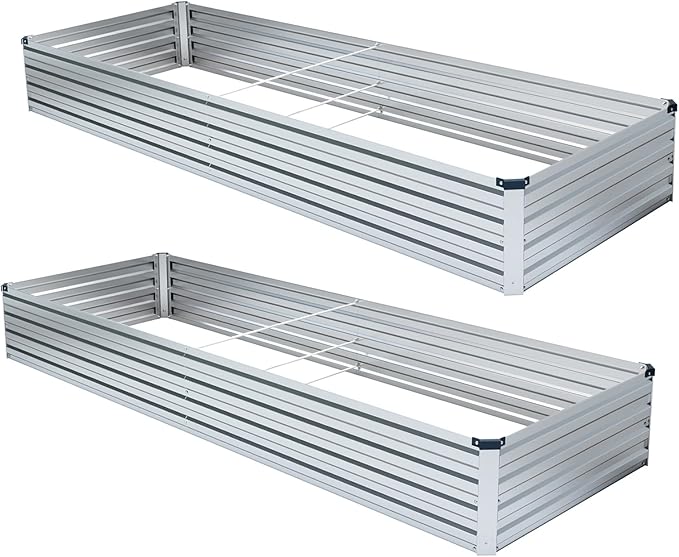 Meberam 2 Pack 6x1.5x1FT Galvanized Raised Garden Bed Kit, Outdoor Metal Planter Box for Vegetables, Bottomless Rectangular Gardening Bed with Support Rods, Tool-Free Assembly, Silver