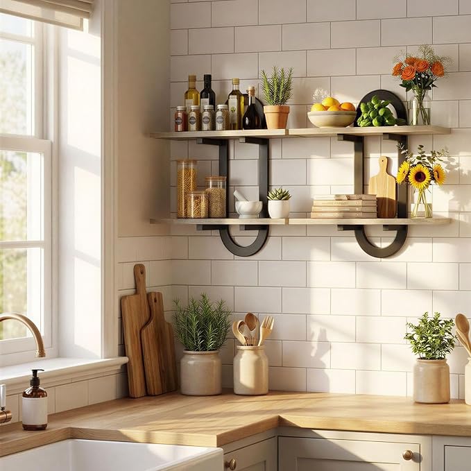Floating Shelves, 2Pcs Wall Mounted Shelves with 2-Tier Bathroom Hanging Storage Shelves Set for Living Room Bedroom Bathroom Office Kitchen Greige Black