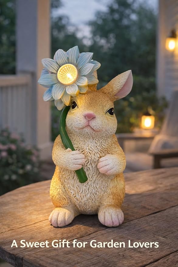 GoGnome Solar Rabbit Garden Statue with LED Flower β Hand-Painted Resin Bunny Figurine, Outdoor Solar Light Decor for Yard, Patio, Porch, Lawn (Rabbit)