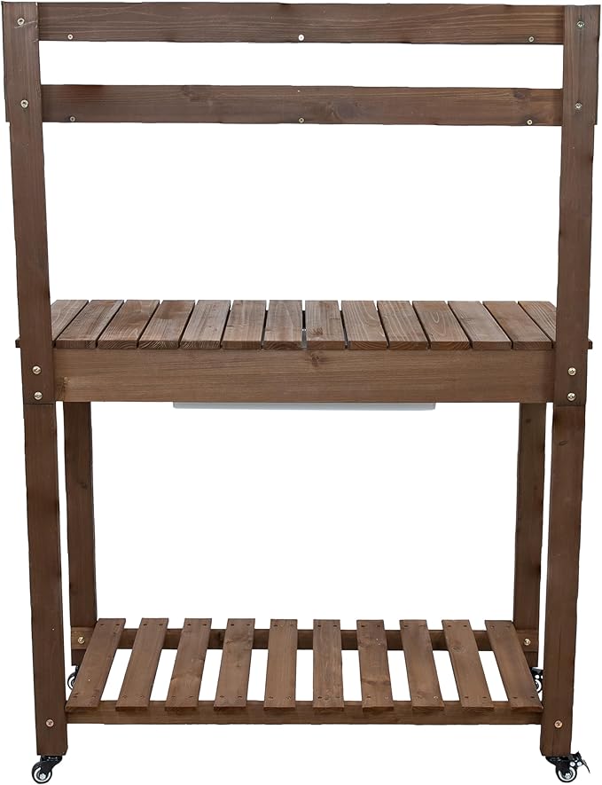 Sunnydaze Wheeled Garden Potting Bench with Sink - Outdoor Potting Table - Garden Table with Planting Station and Hooks - Brown