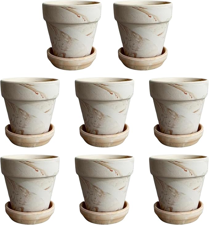 Macchiato Two-Tone Terracotta Plant Pots with Trays, Breathable Unglazed Clay, Medium-Low Temperature Fired, Set of 2/3/4/6/8 for Indoor Outdoor Plants