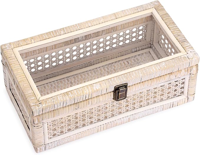 Hipiwe Rattan Display Box with Clear Lid Decorative Storage Basket, Medium | Shelf Organizer Basket Bins with Glass Top Lid for Home Decor, Ideal for Dresser, Kitchen and Bathroom, 12.6" x 6.7" x 4.4"
