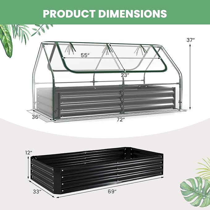 HAPPYGRILL Raised Garden Bed with Cover, Planter Boxes Outdoor w/Mini Greenhouse, 2 Roll-up Windows & Open-Ended Base, Metal Growing Raised Bed for Vegetables (Black, 72” x 36” x 37”)
