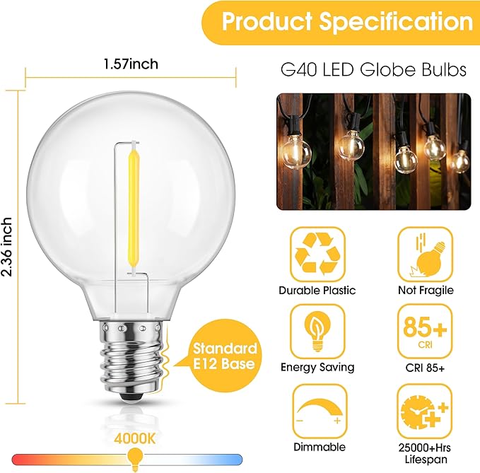 Mlambert G40 LED Replacement Light Bulbs for String Lights, Dimmable E12 Base Shatterproof Bulbs, 1W Equal to 5W, Neutral White 4000K, 50Pack, Not Solar
