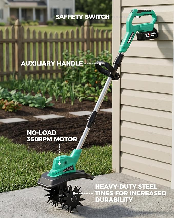 21V Cordless Tiller Cultivator for Gardening, 350 RPM Electric Garden Tiller with 2×3.0Ah Batteries, 9-Inch Tilling Width 7-Inch Depth Lightweight Hand Tiller for Soil Cultivation, Lawn, Composting