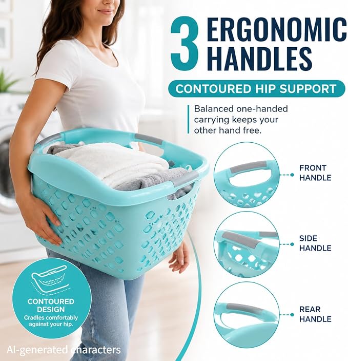 Teal Laundry Basket 9.3 Gal with 3 Handles, Durable Resin | Teal laundry basket with a contoured side that rests comfortably on your hip—carry heavy loads with one hand, effortlessly.