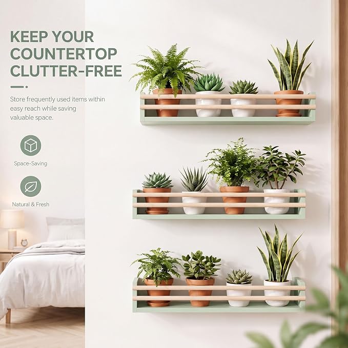 3 Sets Plate Shelf for Wall 25 inches Plate Hangers Display with Rails Wall Mounted Shelf Rack Decorative Wooden Stand Rustic Spice Rack for Kitchen Seasoning Organization(Sage Green)