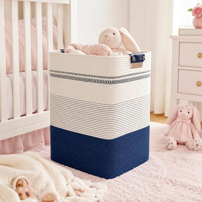Laundry Hamper, Cotton Rope Laundry Basket with Leather Handles, 21.1-Gallon/80 L Large Clothes Hampers for Laundry, Woven Laundry Baskets for Blankets, Clothing, Bedroom, Living Room, Nursery