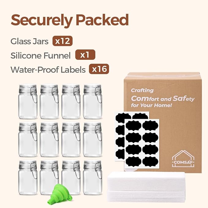 ComSaf Square Glass Spice Jars 8 oz 12 Pack with Labels and Funnel Set