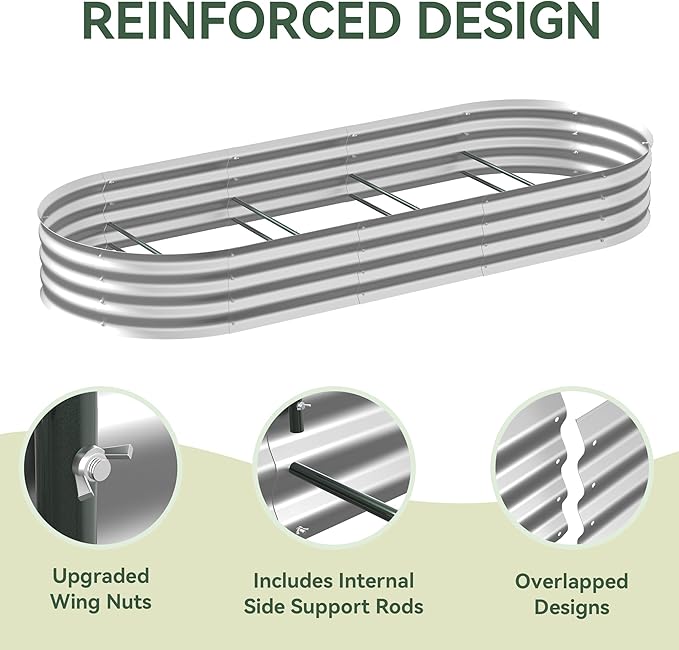 Lineware Raised Garden Bed with Self-Watering System, 8x3x1 ft Elevated Planter Boxes Outdoor with Mesh Cover, Oval Galvanized Raised Beds for Gardening,Vegetables,Flowers, Backyard, Patio