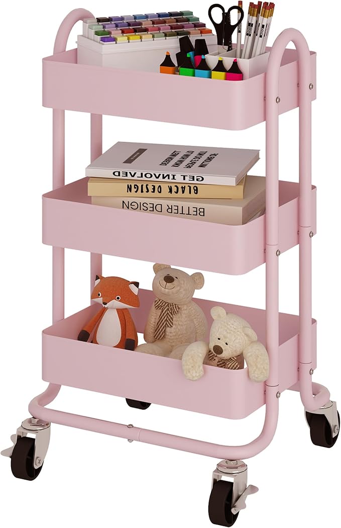 Metal Rolling Cart,3-Tier Pink Rolling Cart with Wheels,Metal Utility Cart with Wheels for Office,Home,Kitchen,Garden๏ผ13.4"x18.1"x31"๏ผ Pink