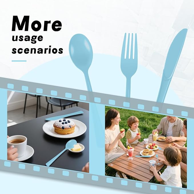 Plastic Silverware 150 PCS Disposable Silverware Heavy Duty Utensil Sets 50 Of Each Forks Knives & Spoons Disposable Cutlery Set For Easter,Birthday,Baby Shower,Garden Party,Wedding(150,Light Blue)