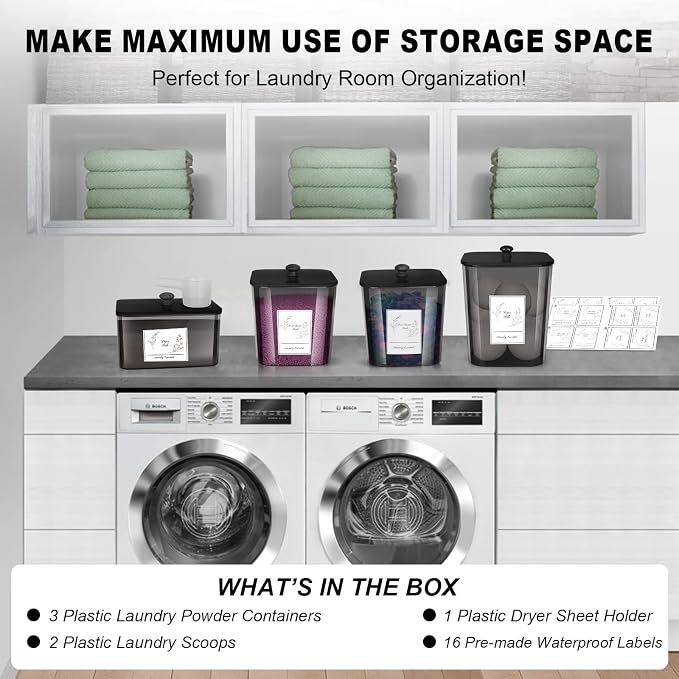 Zingbee 4 Pack Laundry Detergent Containers & Sheet Holder, Black Lids FT4H | Laundry Powder Containers & Dryer Sheet Holder with Black Lids, Scoops & Labels, Plastic Laundry Organizer and Storage Jar