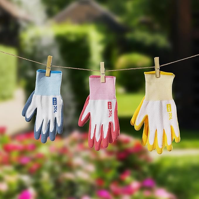 JDL Gardening Gloves for Women, 2 Pairs Breathable Latex Coated Yard Garden Gloves, Rubber Outdoor Protective Work Gloves with Grip, Blue, Medium Size