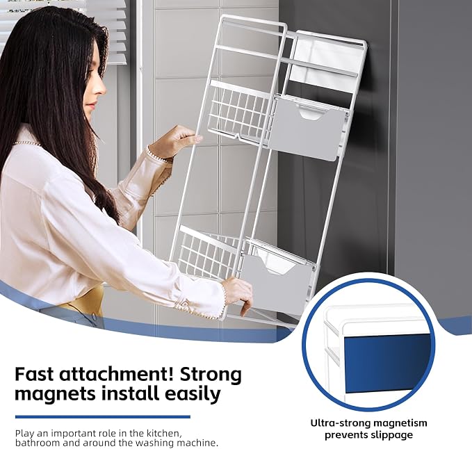 3 Tier Magnetic Shelves for Washing Machine with Pull Out Metal Drawer