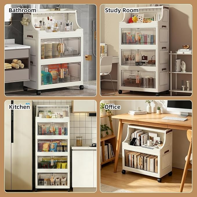 217QT Stackable Storage Bins with Lids & Rack, 5 Tier Large Capacity Foldable Storage Cabinet, Clear Collapsible Pantry Organizer for Home, Kitchen, Bathroom, Dorm, Office, Clear
