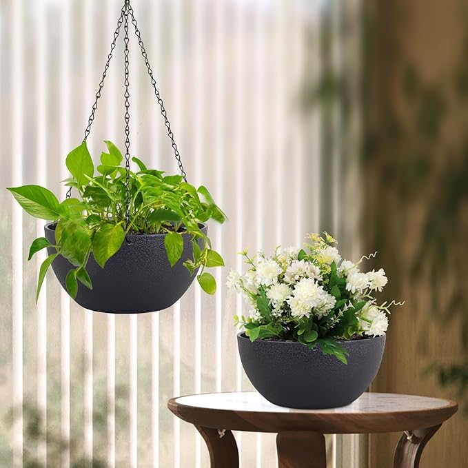 Meowell 8 inch Small Hanging Planters Plant Pots for Indoor Outdoor Plants, 2 Pack Hanging Flower Pots with Drainage Holes and Chain for Garden Porch, Plastic Hanging Baskets for House Plants, Black