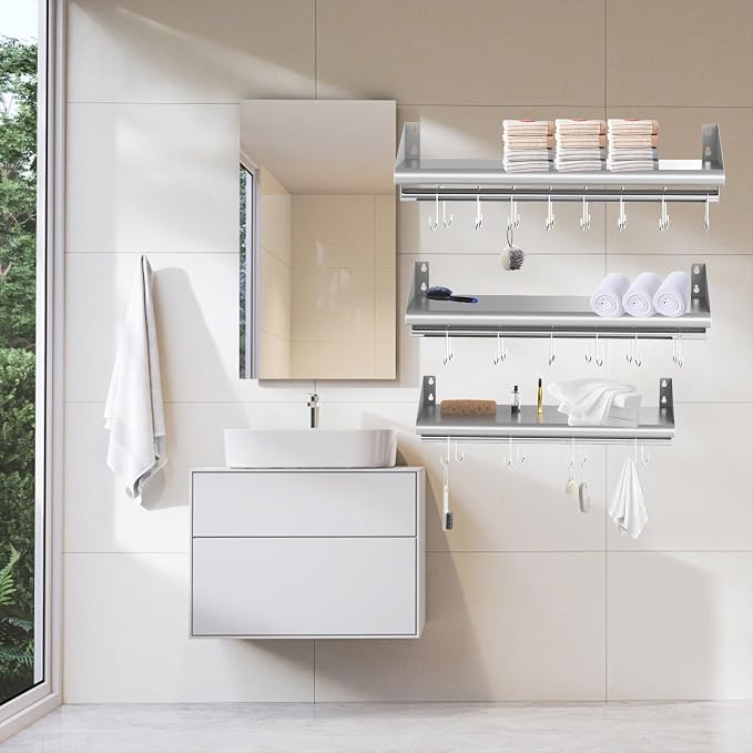 Skyflame 12"x36" Stainless Steel Wall Mount Floating Shelving with 6 Hooks | Sturdy Construction, Triangular Support, Rust Resistant, Maximum Weight Capacity 165 lbs, Restaurant, Kitchen, Home Use