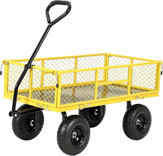 900 Lbs Heavy Duty Steel Garden Cart, Garden Wagon Cart on Wheels, Outdoor Metal Yard Utility Wagon Carts with and Mesh Removable Sides and 180°Rotating Handle,Yellow