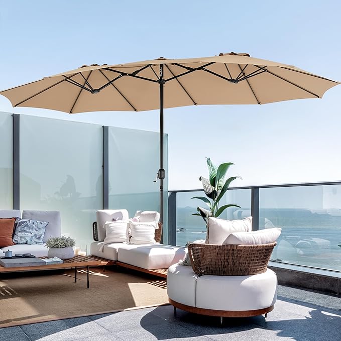 DUMOS 15FT Large Patio Umbrella with Base Included, Rectangle Table Umbrella Outdoor Patio, Outside Umbrellas for Deck, Market, Backyard, Khaki