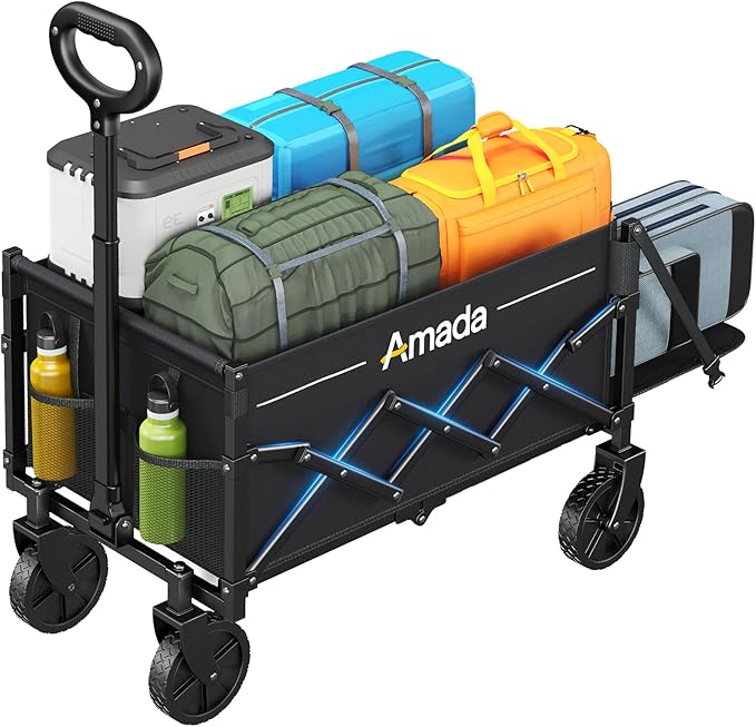 Small Wagon Cart Foldable, Collapsible Wagon with 360 LBS Max Load & Expandable Storage, 90L Foldable Grocery Cart with 2 Cup Holders for Outdoor, Garden, Camping &Groceries-Black