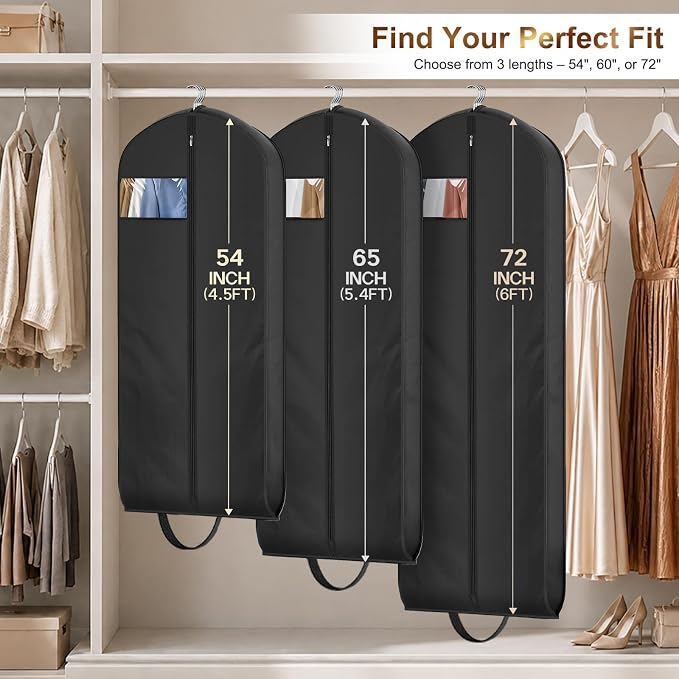 MISSLO 65" Long Garment Bags for Travel for Women 4" Gusseted Dress Bags for Gowns Waterproof Dress Protector Bag for Closet Storage Clothing Covers for Hanging Clothes Wedding Dresses Storage