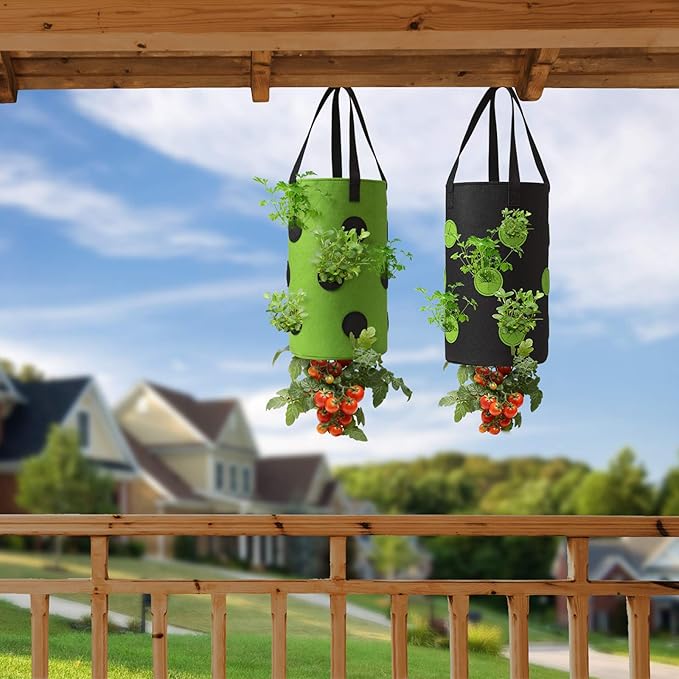 Homyhoo 2 Pack Black and Green Upside Down Tomato & Herb Planter, Hanging Durable Aeration Fabric Strawberry Planter Bags