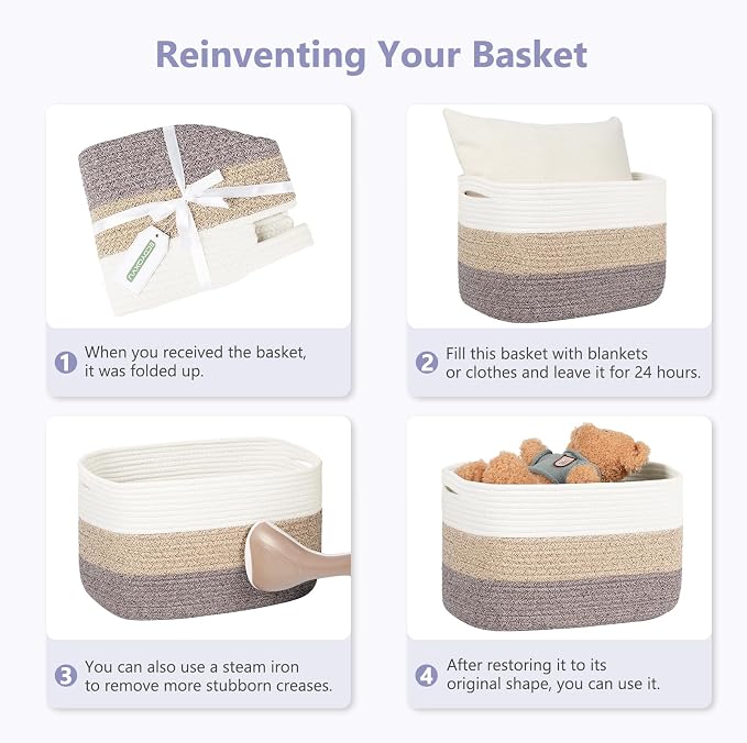 ECDYQXVU 15x10x9 Inch Woven Cotton Rope Storage Basket, 3 Pack | Foldable Design, Built-in Handles, Space-saving Organizer for Living Room, Bedroom, Laundry, Shelves, Clothes, Towels
