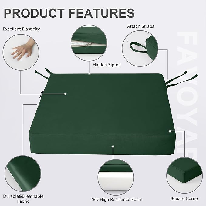 Favoyard Patio Chair Cushions 18 x 18 x 3 Inch Waterproof Outdoor Seat Cushions for Patio Furniture 3-Year Color Fastness Garden Sofa Couch Chair Pads with Handle & Adjustable Straps Set of 2, Green