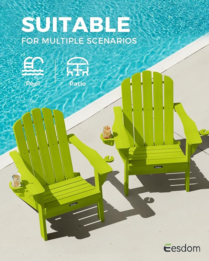 Adirondack Chair, HDPE Material Fire Pit Chairs, Plastic Adirondack Chairs with 2 Cup Holder, Outdoor Lawn Chair for Patio Garden, Lemon Green