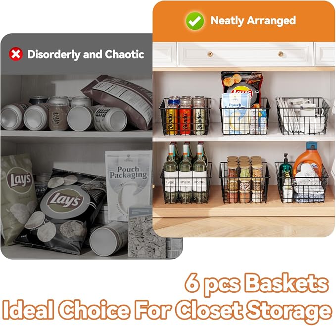 6 Pack Metal Wire Baskets, 15.4" x 11.8" Large Storage Basket for Organizing, Suitable for Kitchen Cabinet Pantry, Black