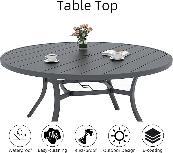 Anmutig 54" Outdoor Patio Round Dining Table Suit for 6-8 Person, 4.5ft Black All Weather Metal Table