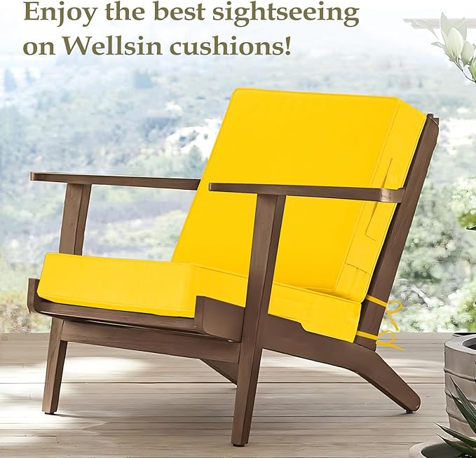 Wellsin Outdoor Deep Seat Patio Cushions, 24 x 24 Waterproof & 3-Year Fade Resistant Outdoor Cushions with Removable Covers,Ties and Handle for Chair, Sofa, Couch, Yellow
