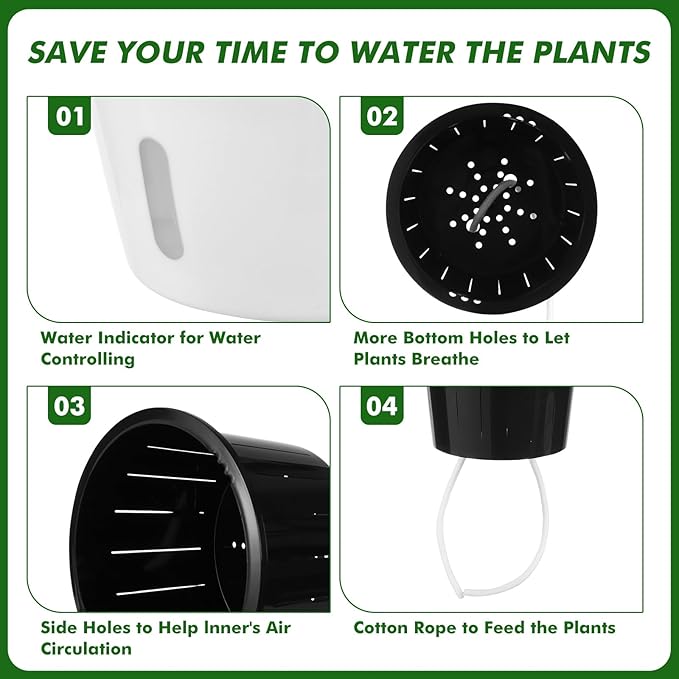 Planterhoma 6.7 Inch Self Watering Pots for Indoor Plants, 8 Packs African Violet Pots with Indicator, Black Wick Pot with Drainage Holes, Self Watering Planters for Orchid, Devil's Ivy, White
