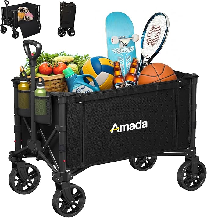 Wagons Carts Foldable, Collapsible Wagon Cart with 220 lbs Max Load and Expandable Storage Space, Heavy-Duty Foldable Wagon Cart with Wheels for Groceries, Shopping, Sport, Beach, Garden and Camping