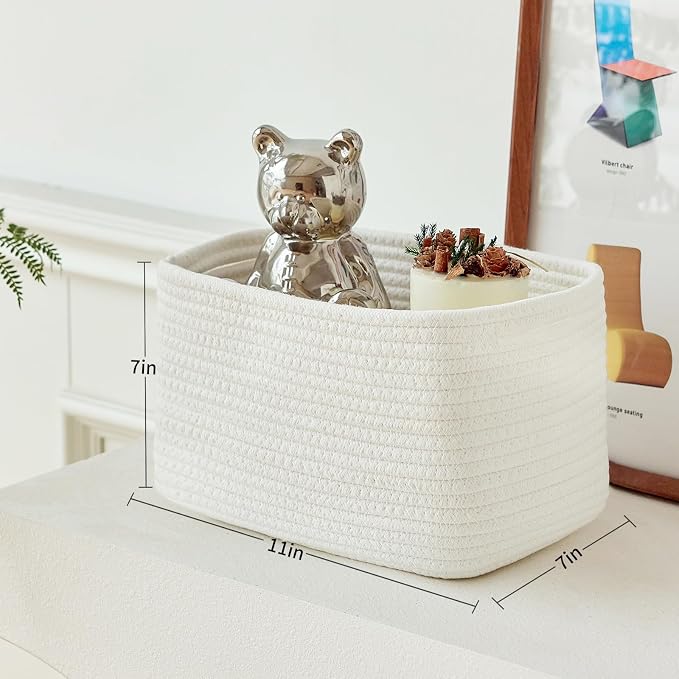 R RUNKA Small Cotton Rope Basket – Storage Bin for Organizing (10.6" x 6.7" x 6.7"), Bathroom Storage Basket for Shelf, Counter & Closet(White)