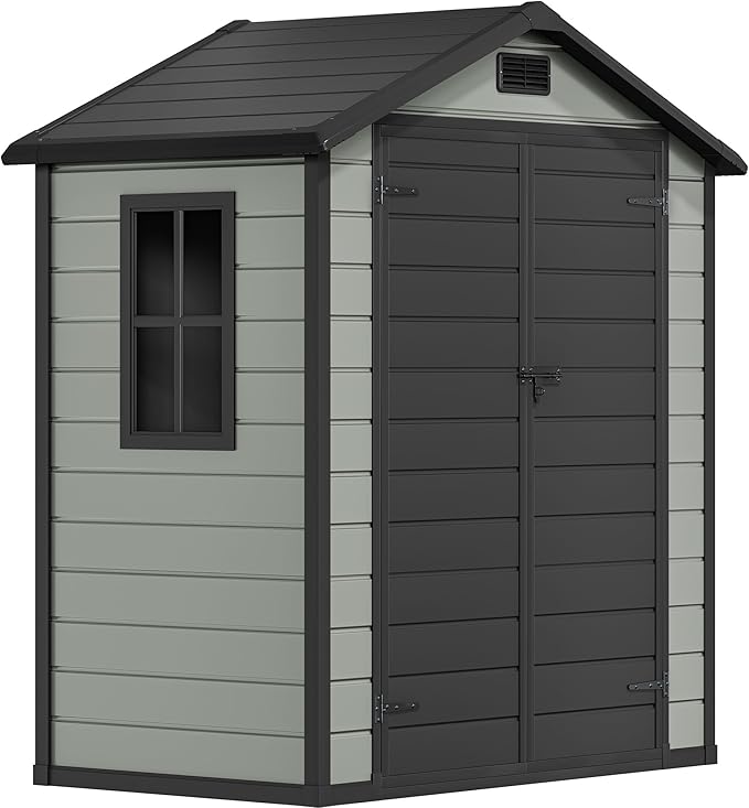 DWVO 6x4 FT Outdoor Storage Shed with Reinforced Floor, Resin Storage Shed with Lockable Door, Window and Vents, Waterproof Plastic Tool Storage for Garden Backyard Patio