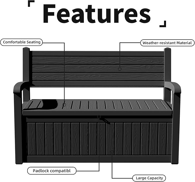 PatioZen 80 Gallon Outdoor Storage Bench Deck Box Waterproof Lockable,Outdoor Storage Furniture for Patio,Garden and Porch,Tools and Cushions( Black Stripe)