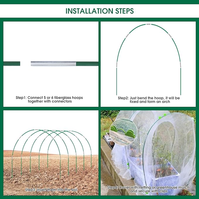 72Pcs Garden Hoops for Raised Beds Wide, 12 Sets of 8Ft Greenhouse Hoops Grow Tunnel, Rust-Free Fiberglass Hoops Frame for Row Cover Netting Shade Cloth DIY Garden Stakes Supplies