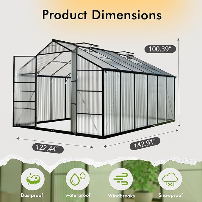 10X12FT Greenhouse with Electronic Thermometers, Green Houses for Outside Heavy Duty with Aluminum Frame Withstands Strong Wind or Snow, Large Walk-in Greenhouse for Backyard or Garden Use