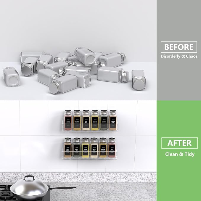 PMMASTO 2-Pack Clear Acrylic Self-Adhesive Spice Racks with 12 Empty Jars | Self-adhesive or Screw Mounting, 238 Spice Labels, Chalk Marker and Funnel, for Kitchen,Pantry Door And Bathroom Storage