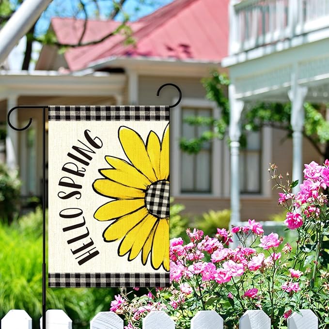 Hello Spring Flags for Outside,Buffalo Plaid Daisy Garden Flag for Yard Patio Lawn Decoration,12x18 Inch Double Sided